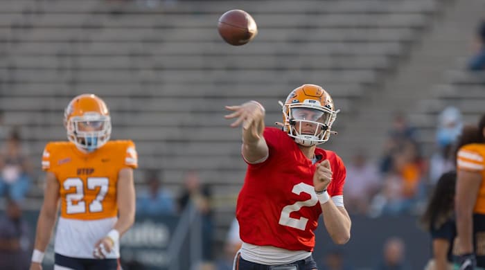 UTEP’s Gavin Hardison (2) at the UTEP Spring Football Showcase on Friday, April 8, 2022, at the Sun Bowl in El Paso, Texas.